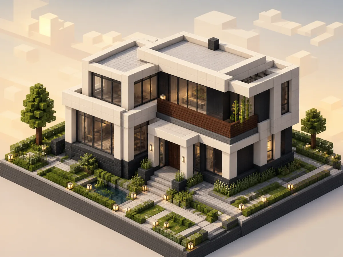 Original voxel illustration of an 11x11 two-level modern Minecraft house