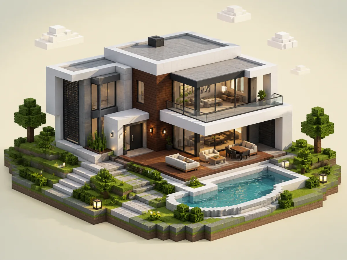 Original voxel illustration of an 11x9 modern Minecraft house with white concrete and glass