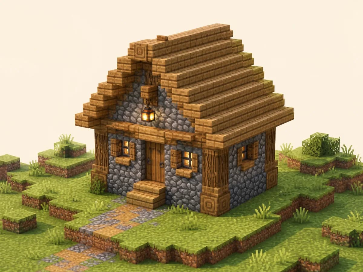 Original voxel illustration of a 7x7 Minecraft starter house built with oak and cobblestone