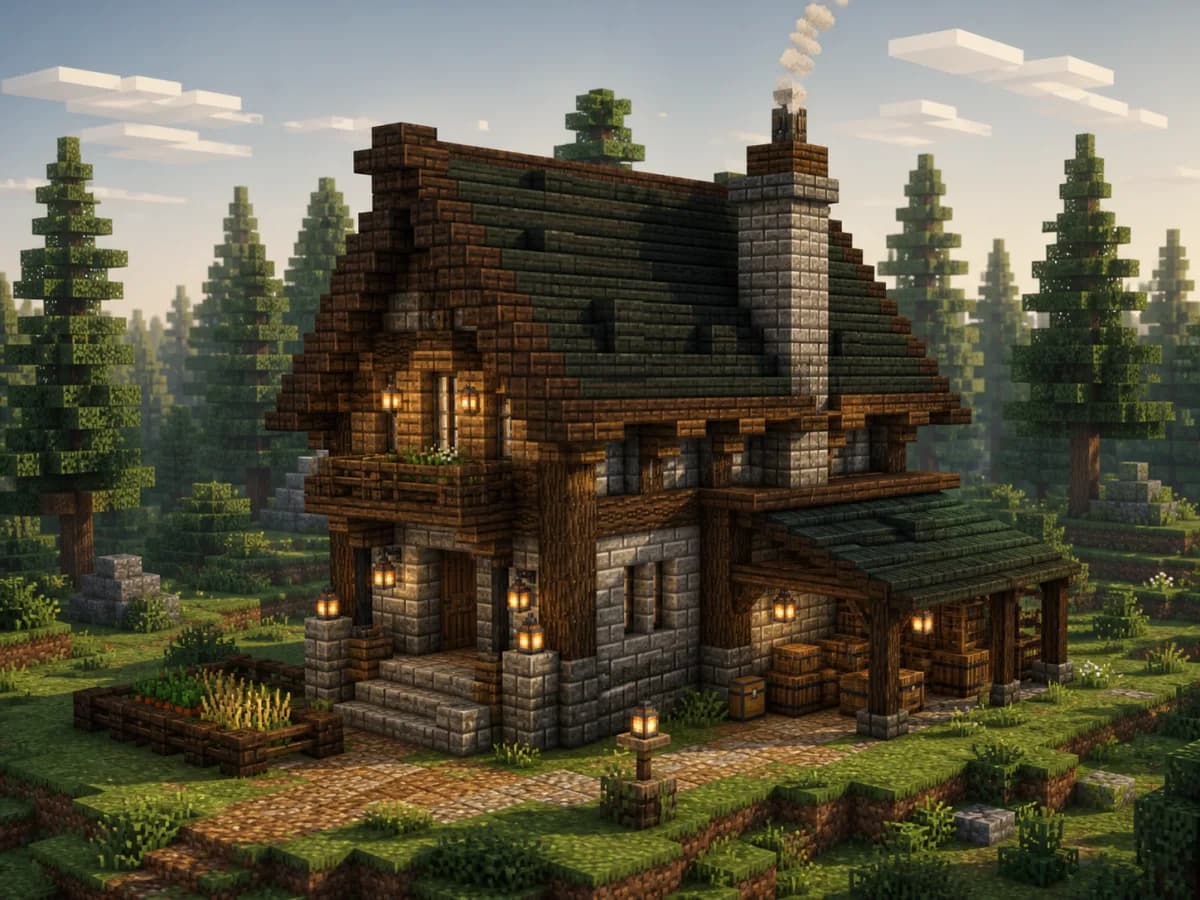 Original voxel illustration of a compact 7x9 Minecraft survival house in spruce and stone