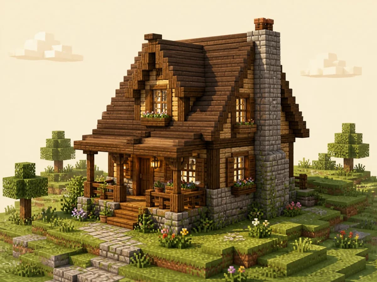 Original voxel illustration of a 9x11 Minecraft cottage house in spruce and stone