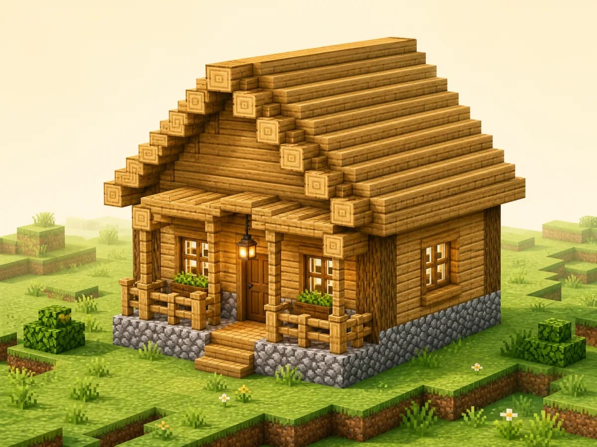 Original voxel illustration of a 9x9 oak Minecraft starter house with a stone base