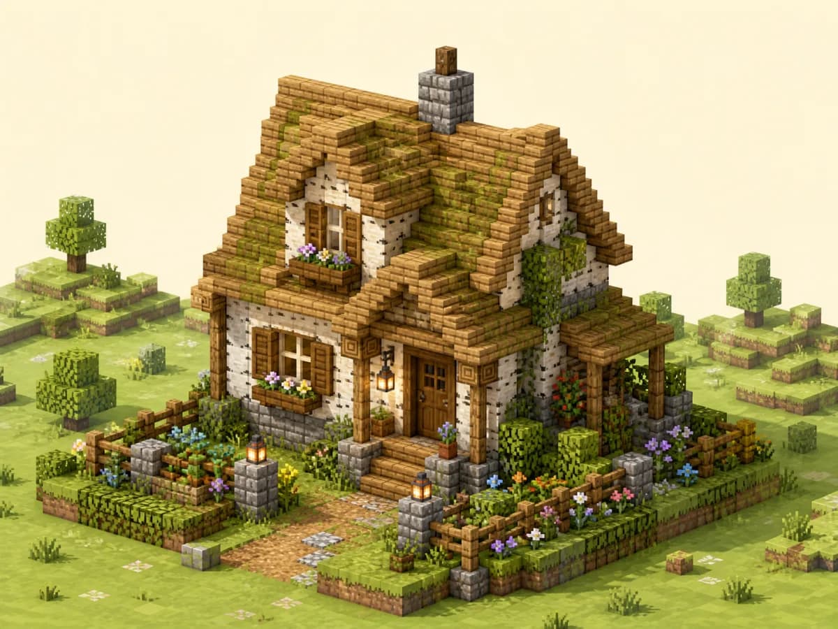 Original voxel illustration of a small 9x9 Minecraft cottage house with birch and oak