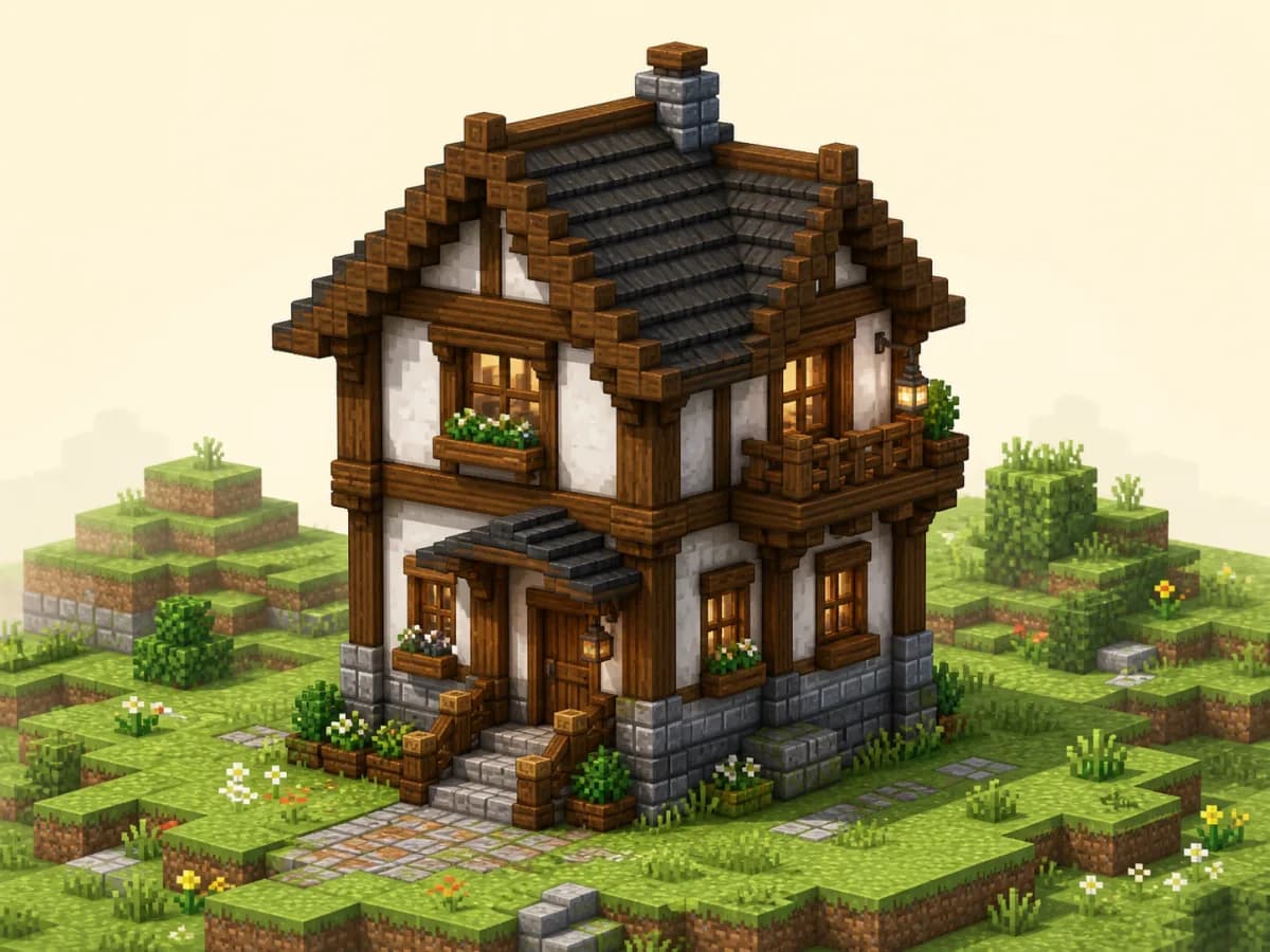 Original voxel illustration of a compact two-story Minecraft house with oak framing